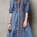 Keer Qiaowa Bohemian Cross Stitch Button Down Denim Knee Length Dress Blue Photo 15