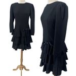 Vintage 80s Ruffled Mini Dress Satin Bow Detail Tiered Skirt Long Sleeve Black M Size M Photo 1