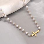 Elegant Gold and White Pearl Necklace with Cross Pendant Photo 0