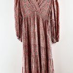 Max Studio Long Sleeve V Neck Printed Midi Dress Maroon Red Small Photo 2