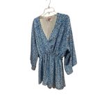 Pink Lily  Blue White Leaf Print Kimono Sleeve Romper Shorts Elastic Waist L Photo 1