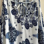 Forever 21  Contemporary Blue Floral Cold Shoulder Bell Sleeve Dress, Size XS Photo 7