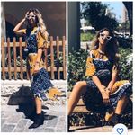 ZARA  Blogger Favorite Blue Mustard Sheer Printed Midi Dress With Belt Size Small Photo 1