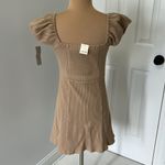 Line and Dot  Ribbed Puff Sleeve Off Shoulder Dress Tan Photo 1