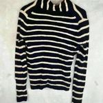 J.Crew  Sweater Women Sz M Blue Cream Striped 100% Baby Alpaca V Neck Long Sleeve Photo 3