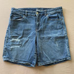 Style & Co - condition 8/10, some wear in great condition - Soft High Waisted Jean Shorts in a medium blue faded wash, 5 pocket styling, belt loops, button zip fly, mid thigh length & distressed detailing throughout - size 12 (33” waist, 11” rise, 7 3/4” inseam, 24” thigh, 40” hip) - a classic effortless essential y2k style, downtown girl, coquette grunge, indie, hipster, soft girl, 90s, folk, artsy, y2k fashion, Stockholm style, scandinavian style, copenhagen style, minimal, festival, twee, boho, european, 2010s, model off duty, city style, grunge core, acubi, edgy, skater girl, cool girl, it girl, chic style, coastal cowgirl, star girl, grunge y2k, rockstar, urban style, outfit inspo, grungy, stockholm style, copenhagen style, east coast summer, autumnal, fall style, archival, granola girl, gypsy cowgirl, teenage dirtbag, folk, 2000s, hippie, salted granola, surfer girl, beach bum, western, casual, 00s Photo 0