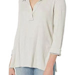 Free People  Annie Ribbed Collared V Neck Top-Tunic Sz M Cream Oversize Boho EUC Photo 0