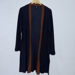 Eileen Fisher New Long Knit Navy Contrast Trim Side Slit Cardigan Large Petite Photo 1