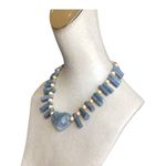 Blue Kyanite Stone Heart Pendant Statement Necklace With Gold Faux Pearl Beads Photo 3
