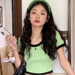 Pink Ribbed Crop Top with hot pink Trim Size M Photo 2