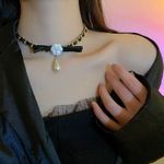 Women's Flower Black Leather Pearl Pendant Choker Necklace Gold Photo 4