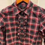 Talbots Cute plaid ruffle jeweled button blouse stretch black red holiday Photo 6