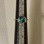 None Vintage Gold Tone Statement Ring Blue Crystal Gem Size 7 Photo 3