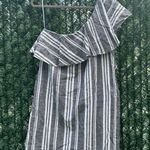 AQUA Striped One Shoulder Ruffle Mini Dress in Gray/White - Large Photo 1