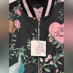 Too Faced Black Satin Bomber Jacket Size S Full Zip Lined Floral (Flaw Read) Photo 2