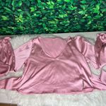 Women's Elegant V Neck Self Tie Knot Long Sleeve Satin Blouse Shirt Top Pink L Size L Photo 7