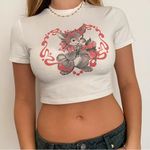 NWOT Bunny Rabbit Flowers Retro Style Kitsch White Crop Top Shirt Size Large Photo 0