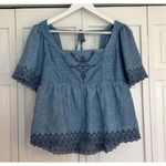 Old Navy  denim embroidered eyelet ruffle sleeve top m Photo 3