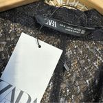 ZARA NWT Women’s Ruched Front Lace Blouse Top V-Neck Sheer Shimmer Black Gold M Photo 11