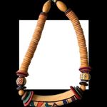 Vintage Necklace Hand Painted Wooden Discs Multicolored Tribal Art To Wear Tan Photo 3