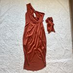 Baltic Born Celia Satin One Shoulder Midi Dress S Rust Pleated Belted Silky NWT Photo 3