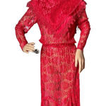 American Vintage Vintage 1980s Red Lace Art Deco Revival Evening Gown Sheer Maxi Dress  
size XS-S Photo 0