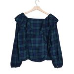 J.Crew Women's M Flannel Squareneck Ruffle Top in Green Navy Black Plaid Photo 3