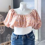 ZARA Printed Satin Effect Puff-Sleeve Off-The-Shoulder Crop Top Women’s Medium Photo 1