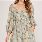 She & Sky  Romper Sage Green Boutique Floral Puff Sleeve Photo 0
