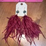 Anthropologie Drop Pierced Dark Red Feather Earrings With Enamel Gemstone Charm Photo 0