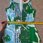 Tory Burch  Elsa Mirror Embellished Green Blue Linen Floral Abstract Vacation Top Photo 4