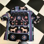 Patbo Satin Cordel Print Scarf Pattern Short Sleeve Button Down Peacocks Multi S Photo 6