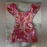 Lulus LULU’s Pink Floral Brocade Mini Short HoCo Formal Puff Sleeve Dress Small Photo 2