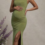 Club L  London Avril Olive Square Neck Maternity Maxi Dress With Split Size US 12 Photo 0
