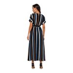 SheIn Medium blue brown white black Stripe belted maxi dress modest A-line silhouette Photo 1
