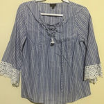 a.n.a 🎄 Navy Striped Lace-Up Blouse Photo 0