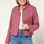 LOGO By Lori Goldstein [LOGO Lori Goldstein] Pink Tweed Gold Button Front Fray Hem Lady Jacket Size XS Photo 0