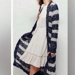 Free People Gray and Blue Striped Linen Blend Long Open Front Cardigan XS Photo 0