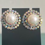 Elegant Bridal Prom Formal Halo Set Pearl and Iridescent Crystal Button Earrings White Photo 0