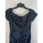 La Femme Off the Shoulder Beaded Satin Trumpet Gown in Color Navy in Size 6 NWOT Photo 6