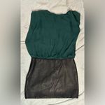 Parker  Green Silk Top Black Leather Skirt Mini Dress size Medium Photo 4