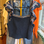 Japna  Navy Smocked Top with Embroidered Ruffle Sleeves Photo 0