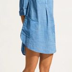 Seafolly  Boyfriend Beach Shirt Blue Chambray Lightweight Roll Tab Sleeves V-Neck Photo 0