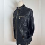 Vegan Leather Moto Jacket Quilted Statement Gold tone hardware Black Size M Photo 10
