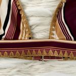 SheIn Brown Tan Red Burgundy Striped Embroidered Boho Triangle Bikini Top Sz S Photo 16