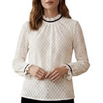 Gap White Ivory Lace Ribbon Trim Blouse High Neck Semi Sheer L Victorian Photo 0