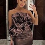 ZARA  VOLUMINOUS FLOWER MINI DRESS STRAPLESS SHIMMER SHINNY BROWN SIZE XS NEW Photo 1