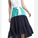Halston Heritage Blue green White Midi Dress high low S new linen rayon vacation Photo 0