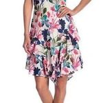 Parker  Floral Fiesta Ruffled Formal Mini Dress in White/Pink/Blue Size M Photo 0