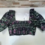 ZARA NWT  - crop top floral black purple green 100% cotton Sz L Photo 5